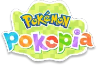 a colorful logo for pokemon pokopia with a green background