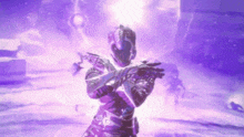 a person is standing in front of a purple light and holding a gun in a video game .