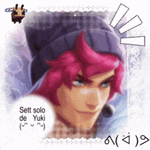 a picture of a man with pink hair and the words sett solo de yuki below him