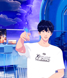 a man wearing a white shirt that says rave