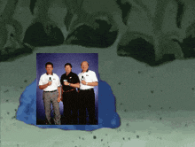 a picture of three men standing next to each other with a blue circle in the middle that says ' spongebob '