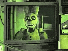 a cartoon character is sitting on a television screen .