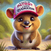 a cartoon squirrel wearing a hat that says please be patient i have quokism