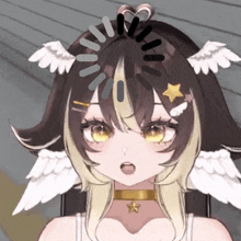a girl with wings and a star on her neck has a loading bar on her head