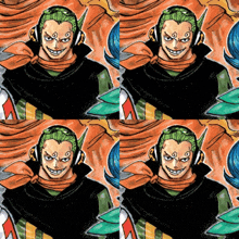 a drawing of a man with green hair and a scarf around his neck
