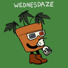 a cartoon of a potted plant wearing 3d glasses and smoking a cigarette with the words wednesdaze below it