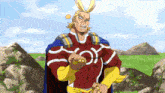 a man in a red and yellow superhero costume with the letter o on it