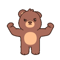 a brown teddy bear is flexing its muscles and has an angry look on his face