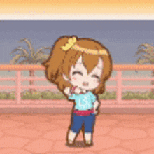 a cartoon girl with brown hair is standing in front of a fence and palm trees .