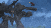 a robot is flying through the air with a gun on its back