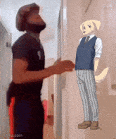 a man and a dog are standing next to each other in a room with the time 0:06