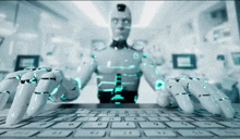 a robot is typing on a keyboard with a blue light coming out of its hands