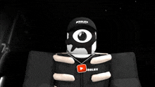 a roblox character is holding a gun and wearing a necklace with a red play button