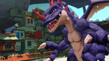 a purple dragon with red horns is standing in front of a fence