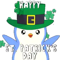 a happy st. patrick 's day greeting card with a penguin wearing a green hat