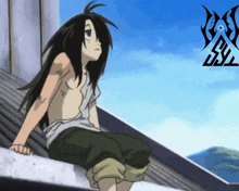 a boy with long hair sits on a ledge in front of a blue sky and a logo for ssl