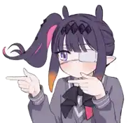 a cartoon girl with purple hair and glasses is pointing at something .