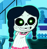 a cartoon character with glowing eyes is smiling