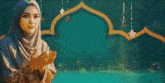 a woman in a hijab is standing in front of a green background with the word assala written in white