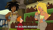 a cartoon says i 'm scare-roused in front of a shelf full of bottles
