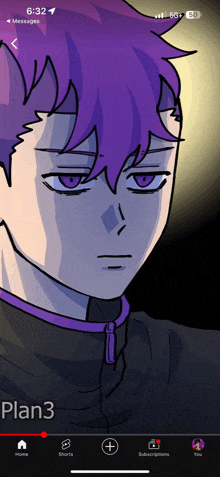 a phone screen shows a drawing of a boy with purple hair and the name plan3
