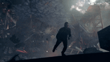 a man in a suit is running through a destroyed area