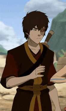 a cartoon character has a sword in his hand and has a red eye