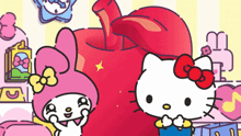 hello kitty and my melody are standing next to a red apple