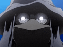 a close up of a person wearing a mask and a hat with glowing eyes .