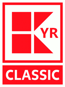 a red and white logo with the word classic underneath it