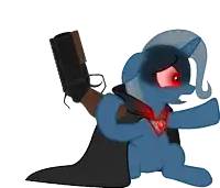 a blue pony with red eyes is holding a gun on its back