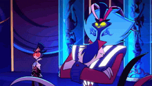 a couple of cartoon characters standing next to each other in a room .