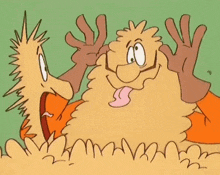 two cartoon characters are standing next to each other
