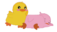 a yellow duck is standing next to a pink duck laying down