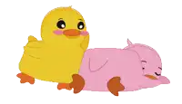 a yellow duck is standing next to a pink duck laying down
