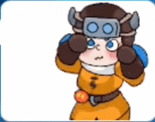 a cartoon character is wearing a helmet with horns on it .