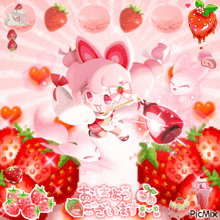 a picture of a girl with strawberry ears is surrounded by strawberries and says picmix on the bottom