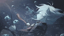 a woman with long white hair is swimming in the ocean