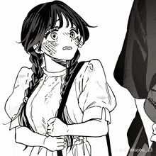 a black and white drawing of a girl with braids and the hashtag akujou_z3 at the bottom