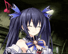 a girl with purple hair and a bow around her neck has a w on her chest