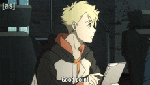 a cartoon character says good point while looking at his laptop
