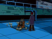 a cartoon of a man and a rat with candles in the background
