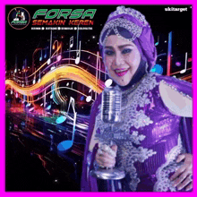 a woman is holding a microphone in front of a forsa semakin keren logo