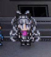 a pixel art of a girl with purple hair standing next to a man in a room .