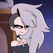 a cartoon character with red eyes and a pentagram on her neck