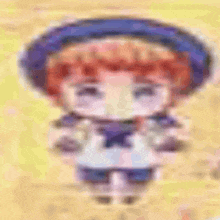 a blurry picture of a boy wearing a blue hat and a scarf .