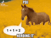 a horse is standing in a field with a speech bubble that says 1 + 1 = 2 nerding it