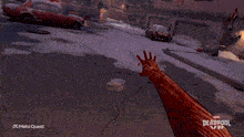 a video game called deadpool vr shows a man holding two swords