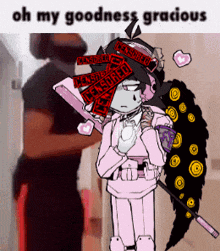 a cartoon character is holding a sword and has a censored sign on her head