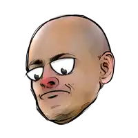 a drawing of a bald man with a red nose